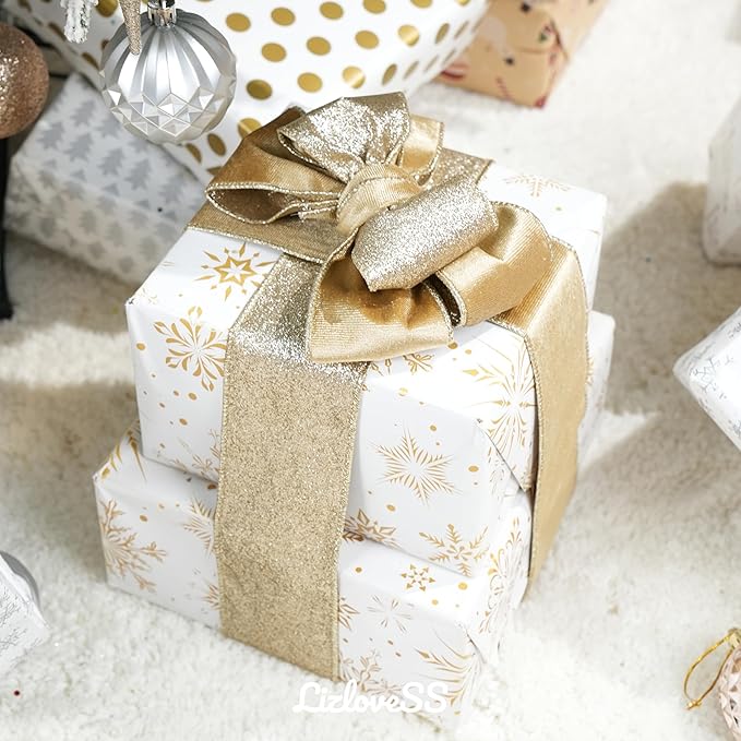 Khaki Velvet Wired Ribbon with Glitter Back 2.5 Inch Gold Christmas Ribbon Wired Reversible Ribbon for Christmas Tree Decorations, Gift Wrapping, Crafts, Wreaths Supplies, Bows (10 Yards)