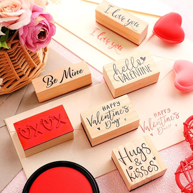 Watersay 6 Pcs Valentine Rubber Stamp Set Happy Valentine Day Wooden Rubber Stamp Vintage Art Print for Crafting Love Heart Pattern and DIY Scrapbooking Card Making Hand Book (Words)