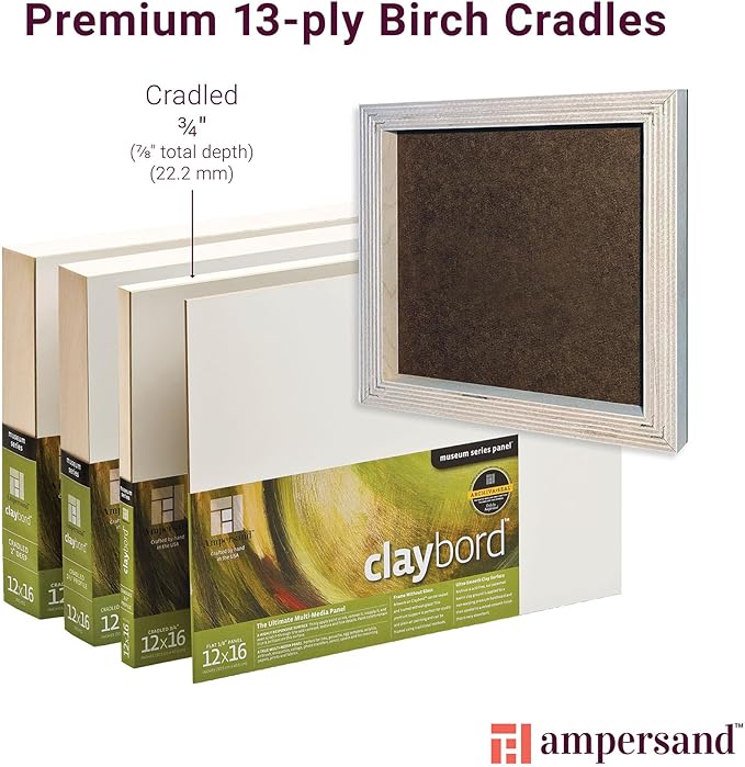 Ampersand Art Supply Wood Painting Panel: Museum Series Claybord, 18" x 24", 3/4" Cradled Profile