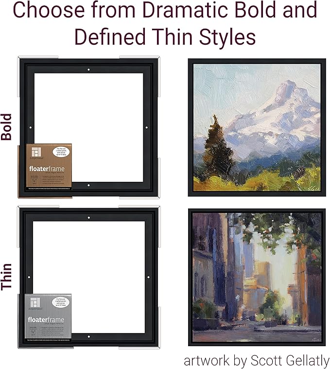 Ampersand Art Supply Floaterframe Readymade Frame for Flat and 7/8" Deep Wood Panel and Canvas Artwork, Paintings, Prints, and More, 8"x8", Black Thin
