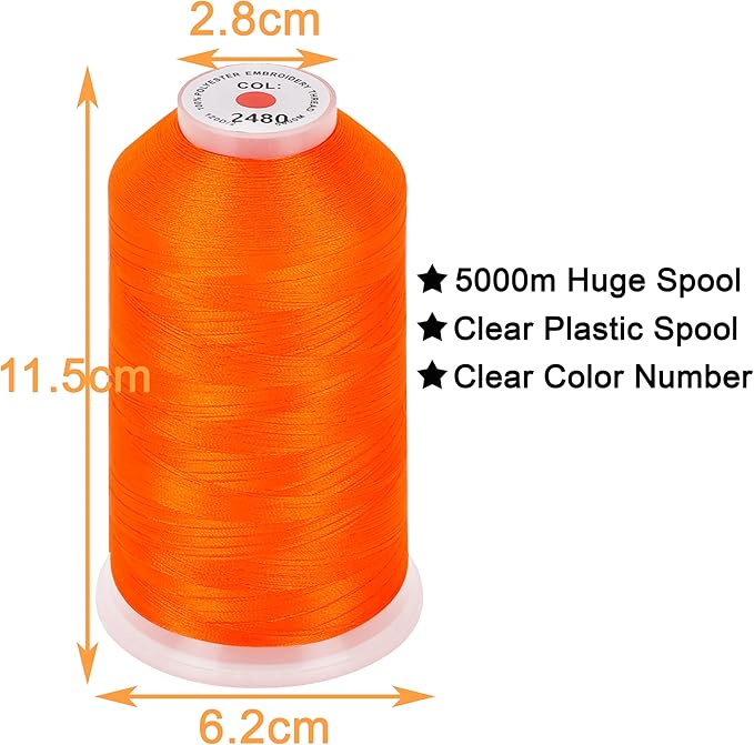 New brothread - Single Huge Spool 5000M Each Polyester Embroidery Machine Thread 40WT for Commercial and Domestic Machines - Neon Dark Orange