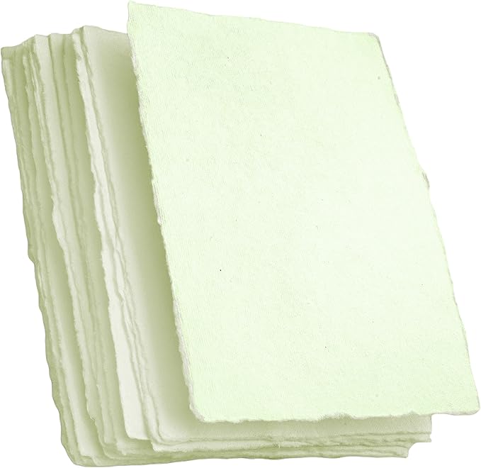 Wanderings Thick Handmade Deckled Edge Cotton Paper - Cold Pressed Texture - Paint, Watercolor, Drawing, Writing, Cards, Invitations, Menus, Save The Date, Arts and Crafts, 25 Pack Green 300gsm, 5x7