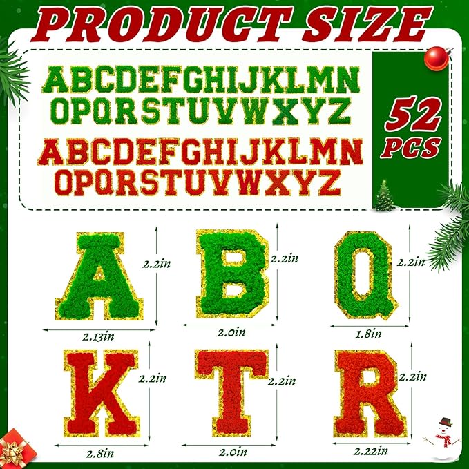 52 Pcs Red Green Christmas Patches Embroidered Chenille Letter Patches Self Adhesive for Clothing,A-Z Letter Stickers Sew on Repair Patches for Jackets Hats Backpacks