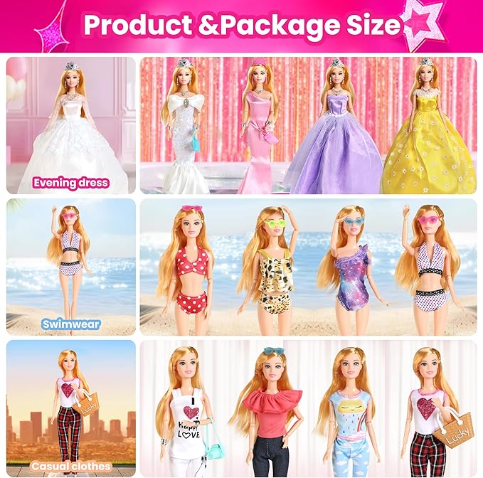 UCanaan 180 Pcs Doll Clothes and Accessories Set, Princess Gowns, Dresses, Tops, Pants, Shoes, Hangers, Fashion Doll Wardrobe, Ages 3+ Best Gitfs for Girls Christmas Birthday