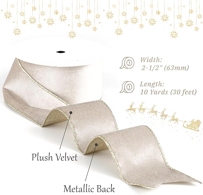Champagne Velvet Wired Ribbon with Glitter Back 2.5 Inch Ivory and Gold Christmas Wired Ribbon for Christmas Tree Decorations, Gift Wrapping, Mantel, Wreaths Supplies, Topper Bows (10 Yards)