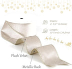 Champagne Velvet Wired Ribbon with Glitter Back 2.5 Inch Ivory and Gold Christmas Wired Ribbon for Christmas Tree Decorations, Gift Wrapping, Mantel, Wreaths Supplies, Topper Bows (10 Yards)