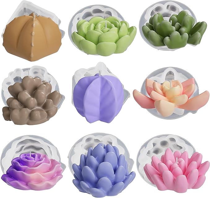 9 Pack Flower Succulent Candle Mold Resin Casting Silicone Molds for Home Decor & Candle Making Wave Spiral Mold