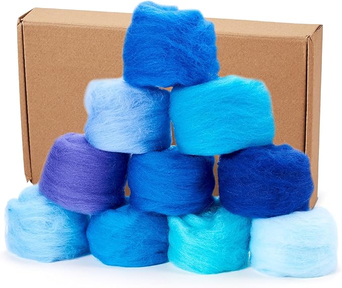 FASHEWELRY 1.76 OZ Wool Felt Kit Blue Theme Needle Felting Wool Roving 10 Colors Nature Wool Roving for Needle Felting Wet Felting DIY Hand Spinning