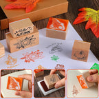 Woanger 15 Pcs Fall Wooden Rubber Stamps and Craft Ink Pads Wooden Rubber Stamp for Scrapbooking and DIY Craft Card Stamps Pads Paper Wood Fabric Fall Holiday