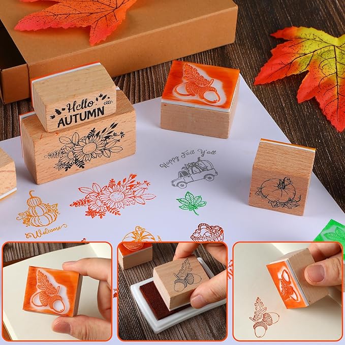Woanger 15 Pcs Fall Wooden Rubber Stamps and Craft Ink Pads Wooden Rubber Stamp for Scrapbooking and DIY Craft Card Stamps Pads Paper Wood Fabric Fall Holiday