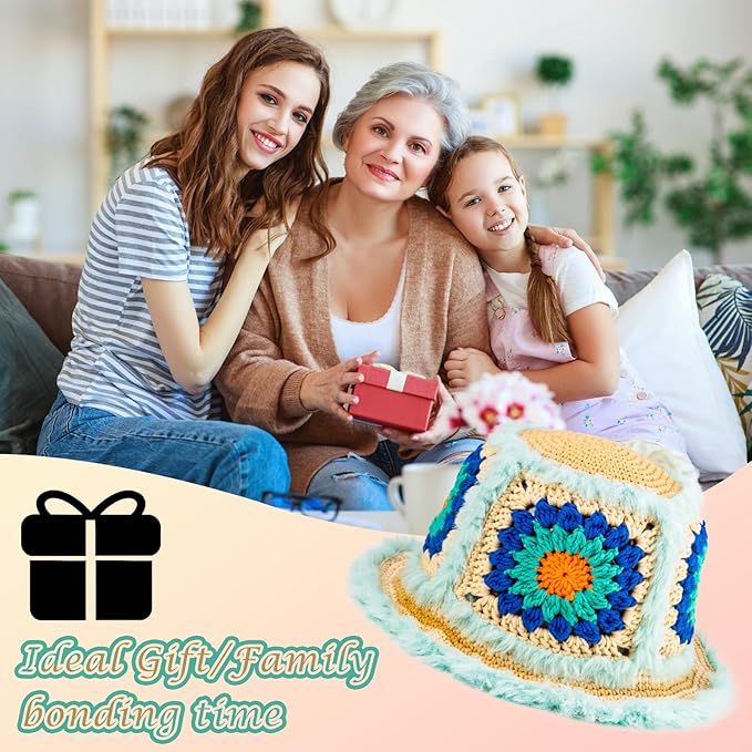 Noocro Crochet Kit for Beginners or Intermediate Level, Fuzzy Granny Square Bucket Hat, Step by Step Video Tutorial, Detailed Instruction Complete Kit Craft Supplies Holiday Gift (Ocean Blue)