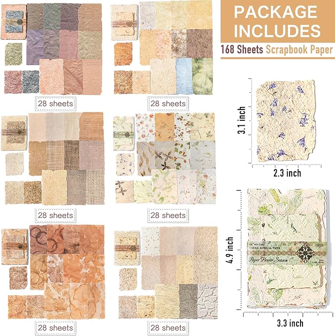 168Pcs Scrapbook Supplies Kit - Textured Embossed Rice Decoupage Paper for Scrapbooking, Junk Journaling, Cards Making, Mixed Media Collage, DIY Decorative Materials Vintage 6 Pack Craft Gifts