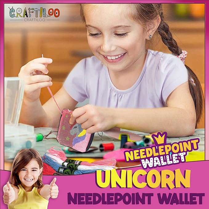 Pre Printed Needlepoint Wallet Kit for Kids Embroidery Arts and Crafts Set Cross Stitch Sewing Latch Hook Kit (Unicorn)
