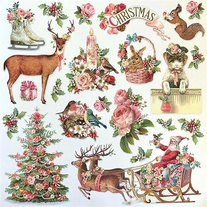 TIAMECH Merry Christmas Paper Stickers - 96 Pcs Santa Clause Elk Christmas Ball Design, Waterproof Sticker for Journaling & Scrapbooking, Junk Journal Supplies, Ephemera & DIY Crafts