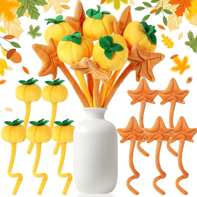 10 Pcs Plush Pumpkin Maple Stuffed Bendable Stems Plush Bouquet Toy Soft Flower 12.6 Inch for Thanksgiving 2025 Fall Autumn Girl Girlfriend Wife(Fall Style)