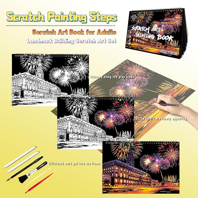 Scratch Art Book for Adults-Landmark Building Scratch Art|Scratch Painting Paper Craft Kit|Creative Foil Engraving Art Set|Scratch City Series Books for Travel Lovers,Craft Lovers(New City 1)