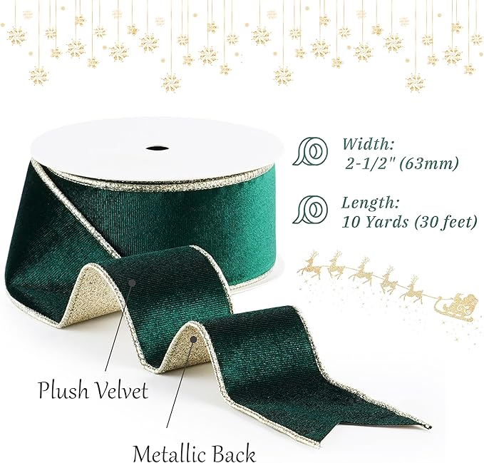 Hunter Green Velvet Wired Ribbon with Glitter Back 2.5 Inch Dark Green and Gold Christmas Wired Ribbon for Christmas Tree, Gift Wrapping, Crafts, Wreaths Supplies, Topper Bows (10 Yards)