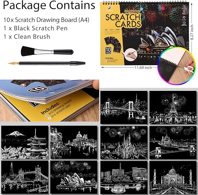 Scratch Art Book(A4-10Page) for Adults & Teens – ASMR Stress-Relieving Scratch Off Art | Paint by Scratch Kit Set | Travel Landmarks & Engraving Art | Creative Gift for Adults (Colorful City Series A)