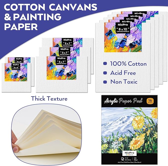 Nicpro Acrylic Paint Canvas Set for Adults, 80PCS Art Painting Supplies Kit with 36 Paints(36ML), Table Wood Easel,10 Canvas Panels,12 Paint Brushes,Paper Pad, Cup, Palette for Beginner Artist Adults