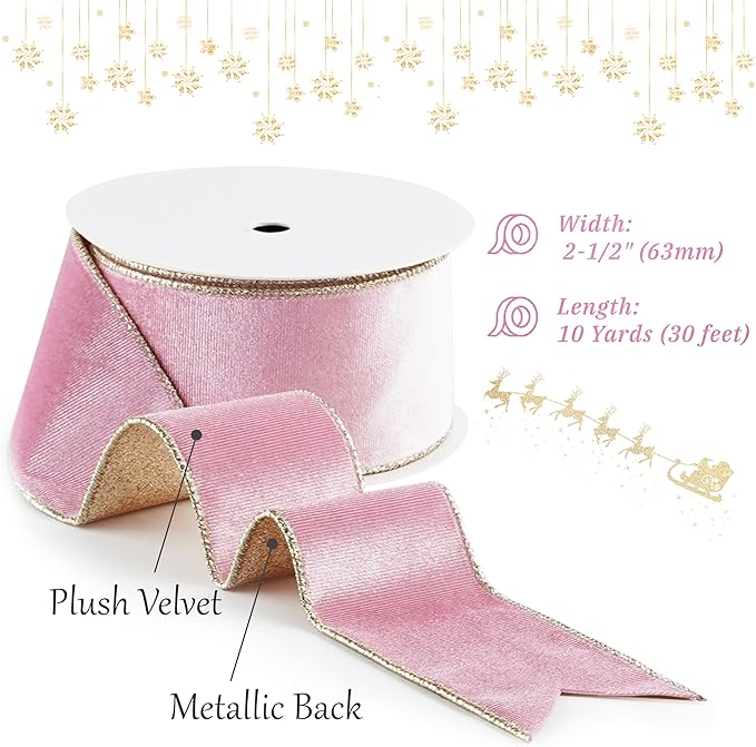 Pink Velvet Wired Ribbon with Glitter Back 2.5 Inch Pink and Gold Christmas Ribbon Wired Ribbon for Christmas Tree, Gift Wrapping, Mantel, Wreaths Supplies, Topper Bows (10 Yards)