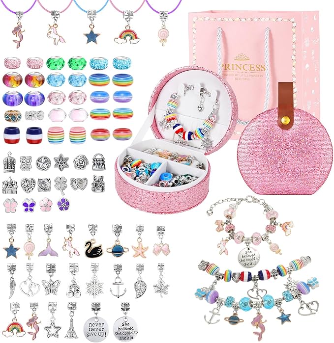Emibele Bracelet Making Kit for Girls 8-12, Jewelry Making Kit with Portable Jewelry Box, Charm Bead DIY Bracelets Crafts Kit for Kids Age 5 6 7, Girls Gifts Choice on Birthday Valentines Christmas