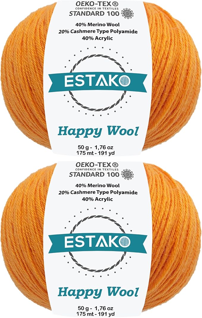 Estako Happy Wool (2 Skeins Pack) 40% Merino Wool 20% Cashmere Type Polyamide 40% Acyrlic Fingering Weight Soft Knitting and Crochet Yarn (2 x 1.76 oz) (2 x 191 yds) (8037 - Yellow Orange)