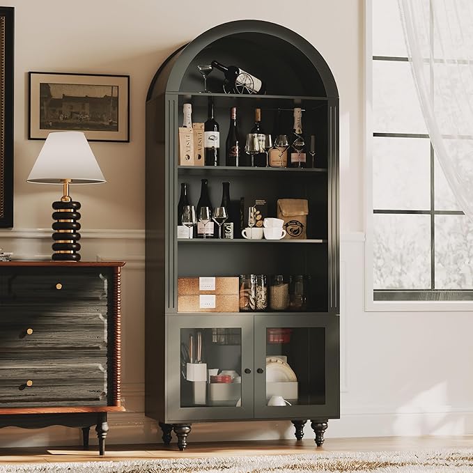 Wooden Arched Display Storage Cabinet with Glass Door, LED Lights,Showcase for Collections, Perfume, Vinyl Albums, Bookcase for Home Office, Living Room, Clinic, Pantry (Black-Arched top)