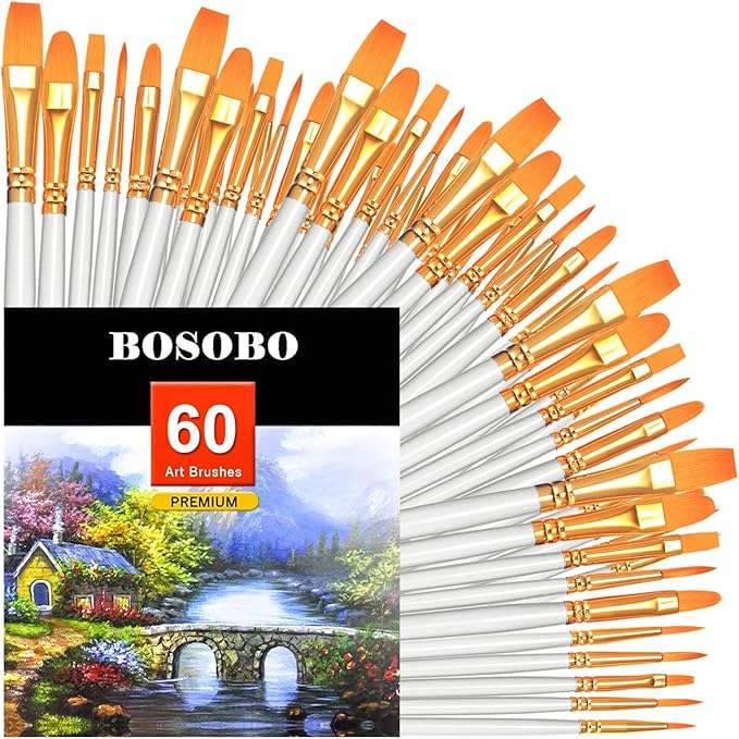 BOSOBO Paint Brushes Set, 6 Pack 60 Pcs Round Pointed Tip Paintbrushes Nylon Hair Artist Acrylic Paint Brushes for Acrylic Oil Watercolor, Face Nail Art, Miniature Detailing & Rock Painting, White
