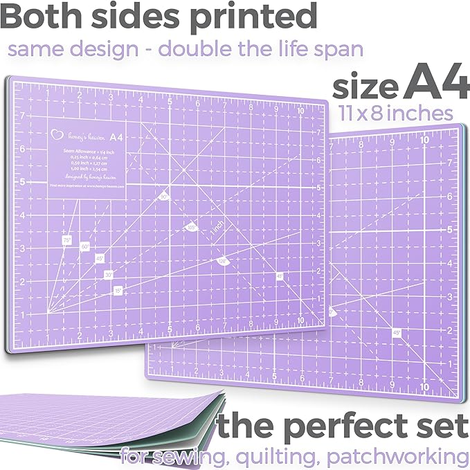 Honey's Heaven Rotary Cutter Set - 45mm Fabric Cutter, 5 Replacement Blades, A4 Cutting Mat, Acrylic Ruler and Craft Clips - Ideal for Crafting, Sewing, Patchworking, Crochet & Knitting