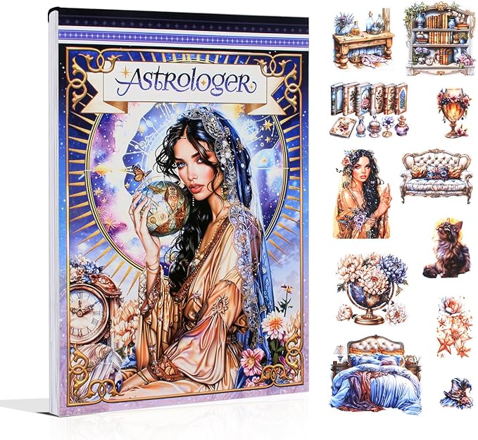 Dwpetzo Astrologer Journaling Sticker Book for Adults, 20 Sheets A5 Precut Transparent PET Washi Paper Materials Stickers for Scrapbooking, Junk Journal Supplies, Planners, Bujo, Collage