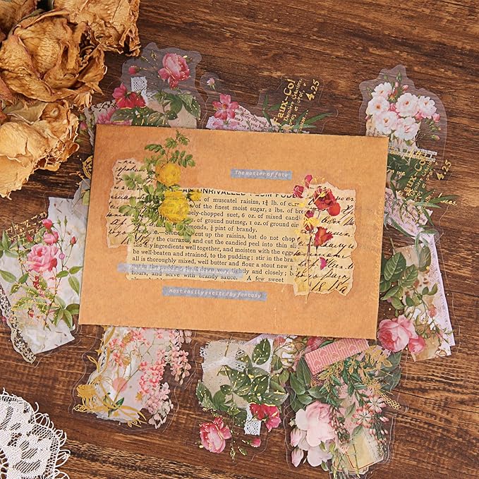 Dizdkizd Die Cut Gold Foil Floral Stickers (180 Pieces), Transparent Aesthetics Sticker Set Vintage Flower Decals for Scrapbooking Card Making Journaling Paper Crafting