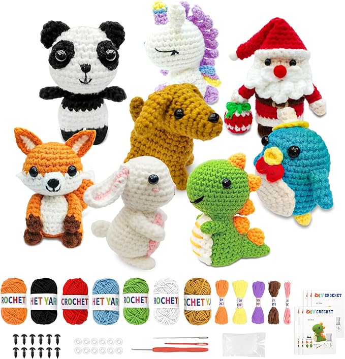 HUASHILUO 8Pcs Crochet Kit for Beginners, 2026 DIY Craft for Adults and Kids, Great Christmas Gift for Crochet Lovers, Crocheting Animal Kits with Step by Step Videos,Yarn,Crochet Hook