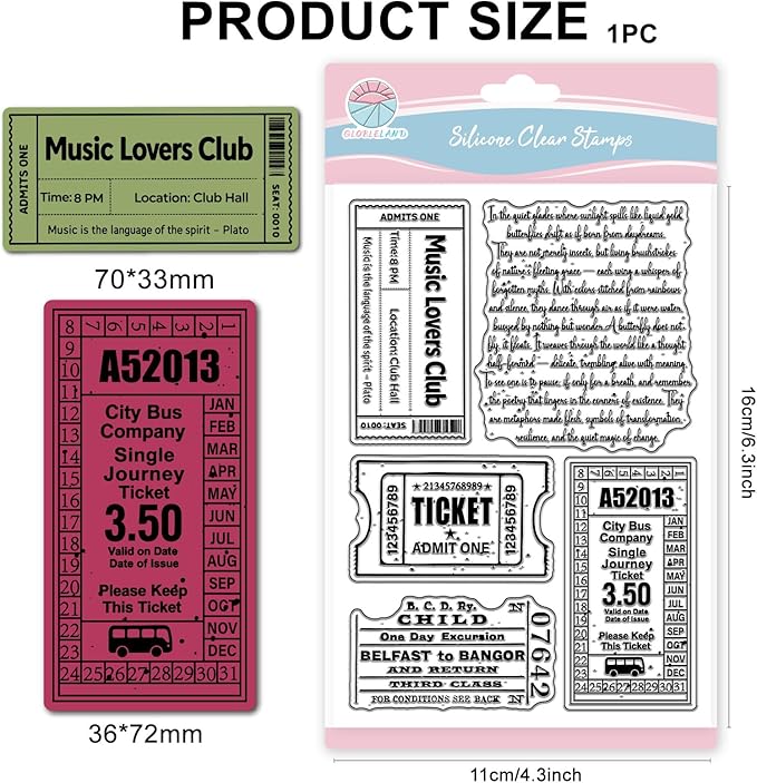 GLOBLELAND Retro Ticket Background Clear Stamp for Scrapbooking Text Silicone Stamps Tags Label Transparent Stamp for Card Making DIY Embossing Journaling