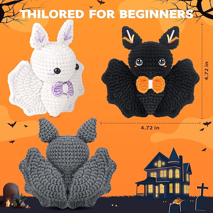 Crochet Kit for Beginners, Beginner Crochet Kit for Adults with Step-by-Step Video Tutorials, Halloween Gifts DIY Crochet Animal Kits Knitting Supplies, 3 Pack Bat Family (40%+ Yarn)