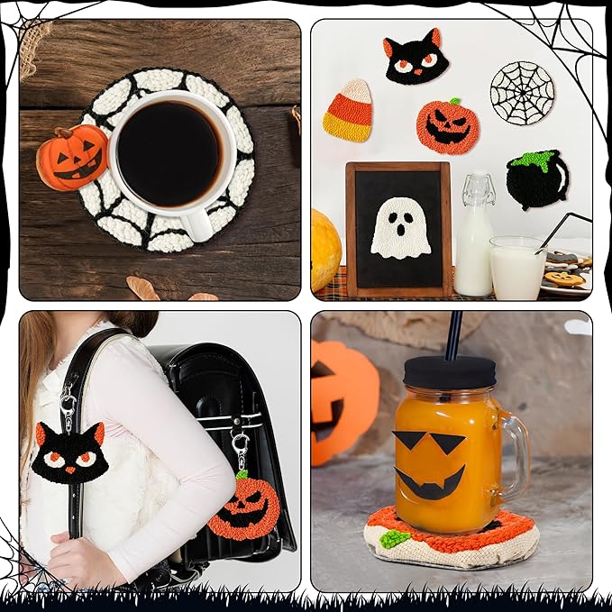 WATINC Christmas Punch Needle Coaster Kits - 23Pcs Easy Art Work Decor Craft Supply for Beginners, DIY Set of 6 Pattern Tufted Pads with Adhesive Felt Yarns Tools Coaster Holder Instruction (Orange)