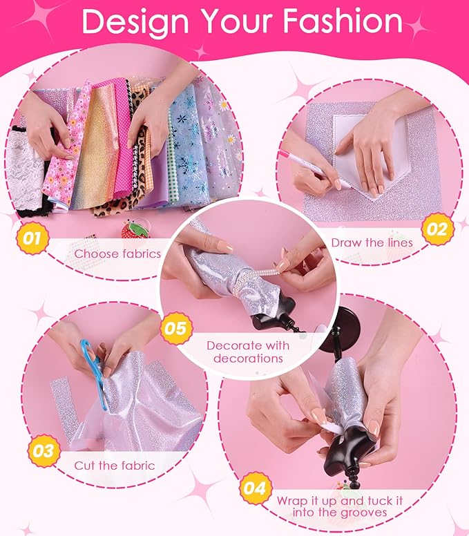 YEETIN Fashion Designer Kit for Girls – DIY Sewing & Arts Craft Kit with 5 Mannequins, Doll Clothes Making Set, Learn to Sew, Creative Gift for Girls Ages 6-12