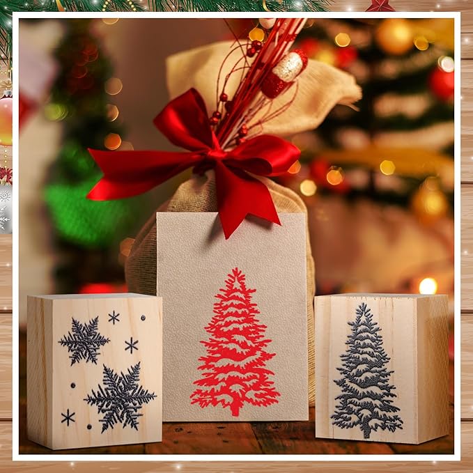 Watersay 6 Pcs Christmas Rubber Stamp Set Merry Christmas Wooden Rubber Stamp Snow Tree Stamps Vintage Wooden Rubber Art Stamps for Crafting and DIY Scrapbooking Card Making Hand Book(Pattern)