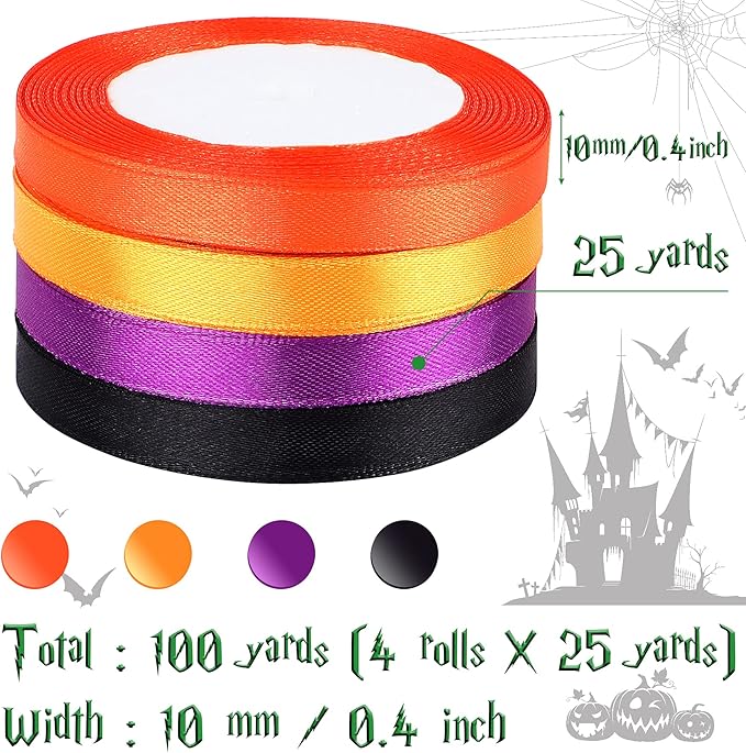 DECYOOL 4 Rolls 100 Yards Halloween Ribbons 10mm Wide Holiday Gift Wrapping Satin Ribbon for Halloween Party Decoration, DIY Bows Crafts