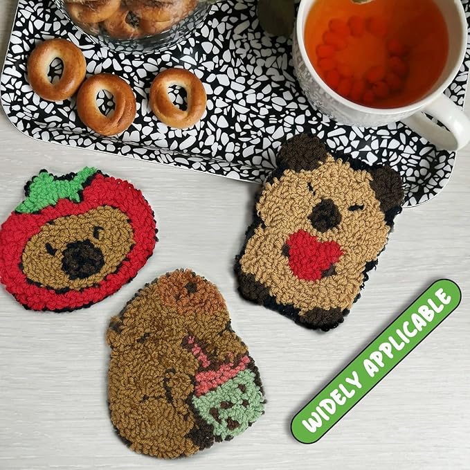6pcs Capybara Punch Needle Coasters Kit for Beginners, Easy Art Work Embroidery Kit Latch Hook Kits for Adults, DIY Rug tufting kit with Adhesive Felt Yarns Hoop Instruction