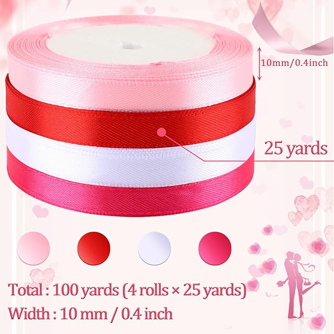 DECYOOL 4 Rolls 100 Yards Valentine’s Day Ribbons for Gift Wrapping, 10mm Wide Valentines Satin Ribbon for Valentine's Day Wedding Holiday Craft Projects
