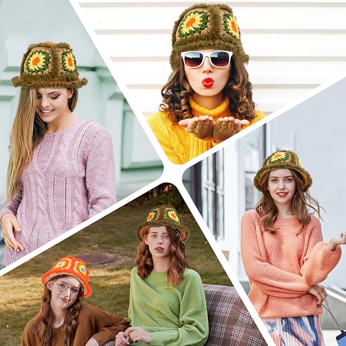 Noocro Crochet Kit for Beginners or Intermediate Level, Fuzzy Granny Square Bucket Hat, Step by Step Video Tutorial, Detailed Instruction Complete Kit Craft Supplies Holiday Gift (Olive Grove)