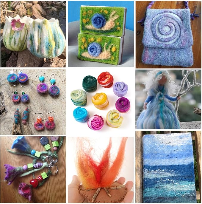 FASHEWELRY 1.5 OZ Wool Felting Set for DIY Craft, Nature Wool Roving Needle Felt Wool Roving for Needle Felting Hand Spinning DIY Craft Materials (9 Colors)