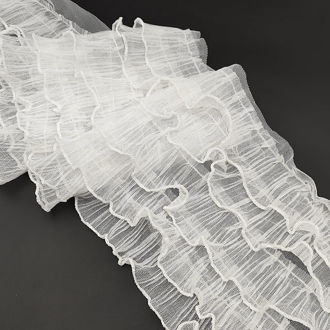 1 Yards White Pleated Lace Chiffon Fabric Elastic Lace Trim for Wedding Bridal Dress Decoration DIY Sewing Clothing Decoration, 6 Inch