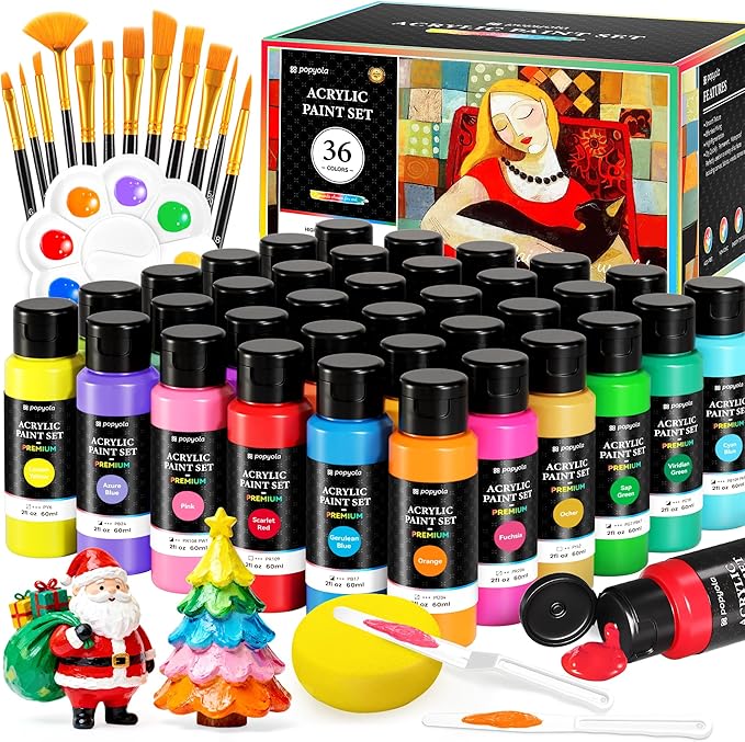 52 PCS Acrylic Paint Set with 12 Brushes, 2 Knives & Palette, 36 Colors (2oz/60ml) Art Craft Paint for Adults Kids Artists Beginners, Halloween Pumpkin Canvas Ceramic Rock Painting Kit