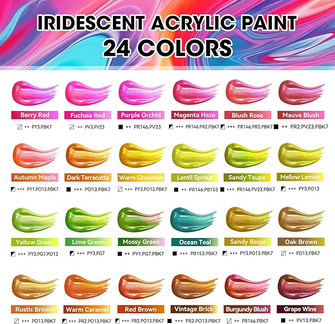 40 Pcs Iridescent Acrylic Paint Set with 12 Brushes, 2 Knives & Palette, 24 Colors (2oz/60ml) - for Adults, Kids, Artists & Beginners - Canvas Ceramic Rock Wood Egg Painting Kit