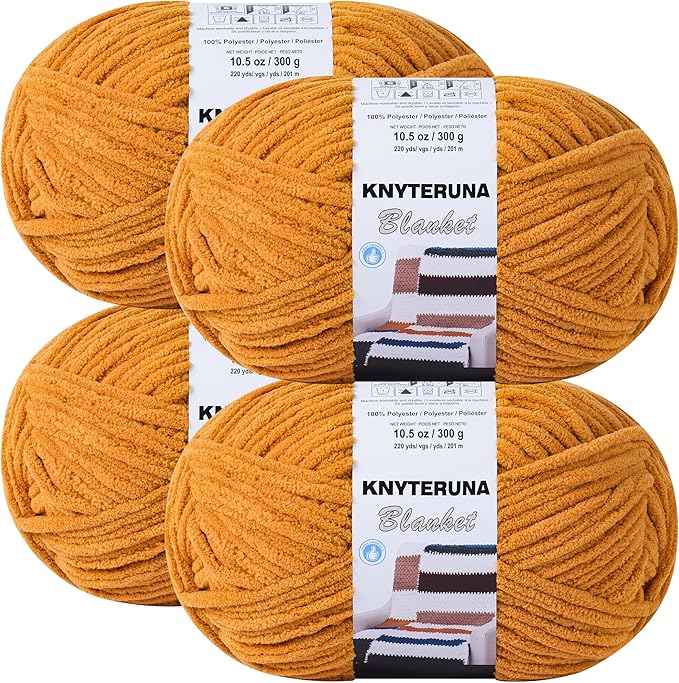 #6 Super Bulky Blanket Yarn for Crocheting - 4 Skeins(Each 10.5oz/300g, 220yds/201m), Chunky Chenille Thick Plush Big Soft Yarn for Crocheting Knitting Blankets, Mustard Yellow