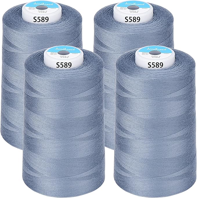 Simthread All Purpose Sewing Thread from 100% Spun Polyester for Serger, Overlock, Merrow, Quilting Sewing 4 Big Cones of 5000M (5500 Yards) Each - 40S/2 Grey