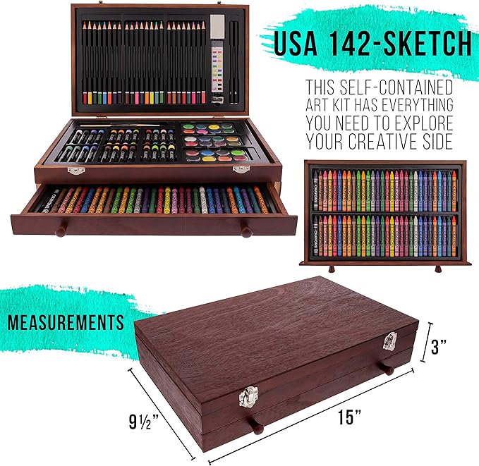 U.S. Art Supply 162-Piece Mega Wood Box Artist Kit with Painting, Drawing & Art Supplies for Adults - 24 Each (Watercolors, Oil Pastels, Pencils), 60 Crayons & 2 Brushes - Art Kit for Adults, Gift Set