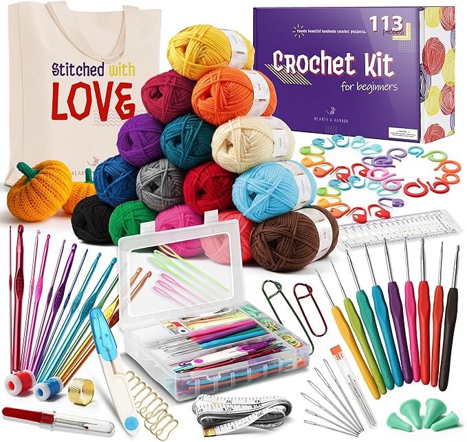 Crochet Kit for Beginners Adults and Kids, 113 Piece Knitting & Crochet Supplies, 1500 Yards Assorted Yarn, 21 Ergonomic Hooks, Plus Many Accessories – Beginner Crochet Kits Ideal for Amigurumi