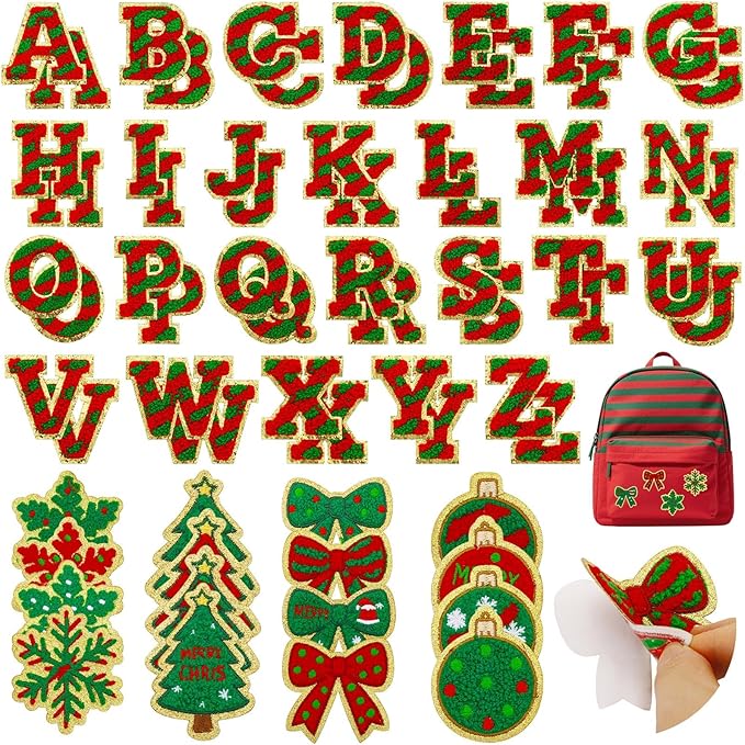68 Pcs Christmas Patches Red and Green Striped Chenille Letters Patches Self Adhesive Embroidered,Include 52 A-Z Letters Patch,16 Snowflake Christmas Ball Tree Bows Patch Stickers